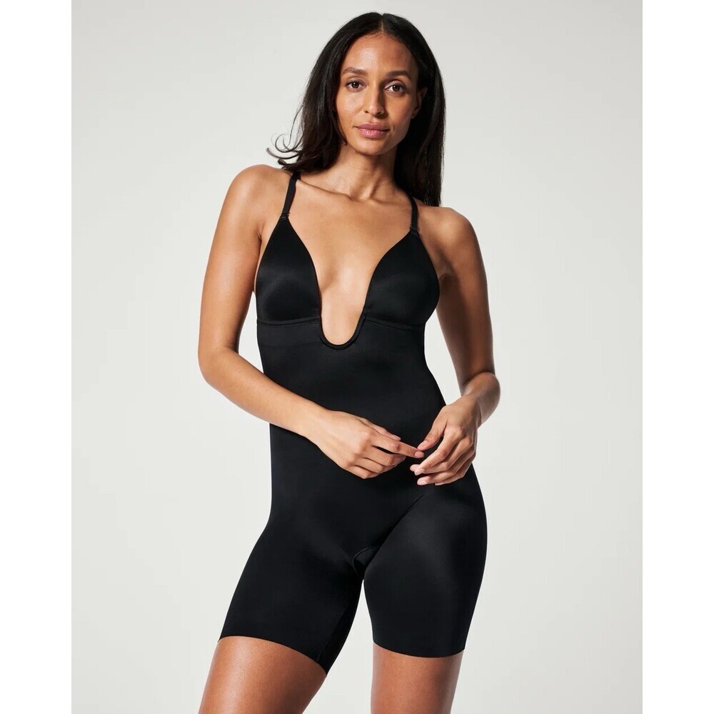 Spanx Plunge Low Back Mid Thigh Bodysuit NEW Size XL Black Convertible Straps